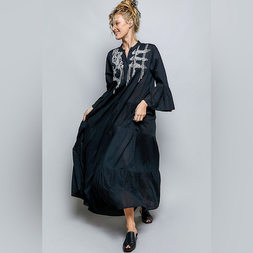 POL Black Long Sleeve Dress with White Embroidery